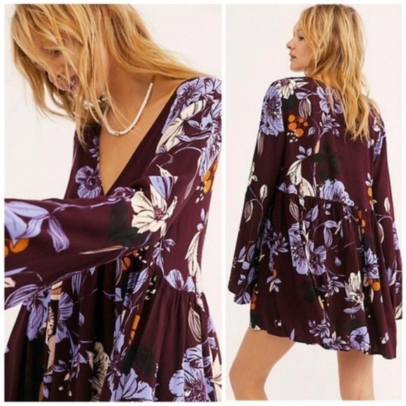 Free People Wine Floral Bella Tunic Sz S EUC - Picture 1 of 10